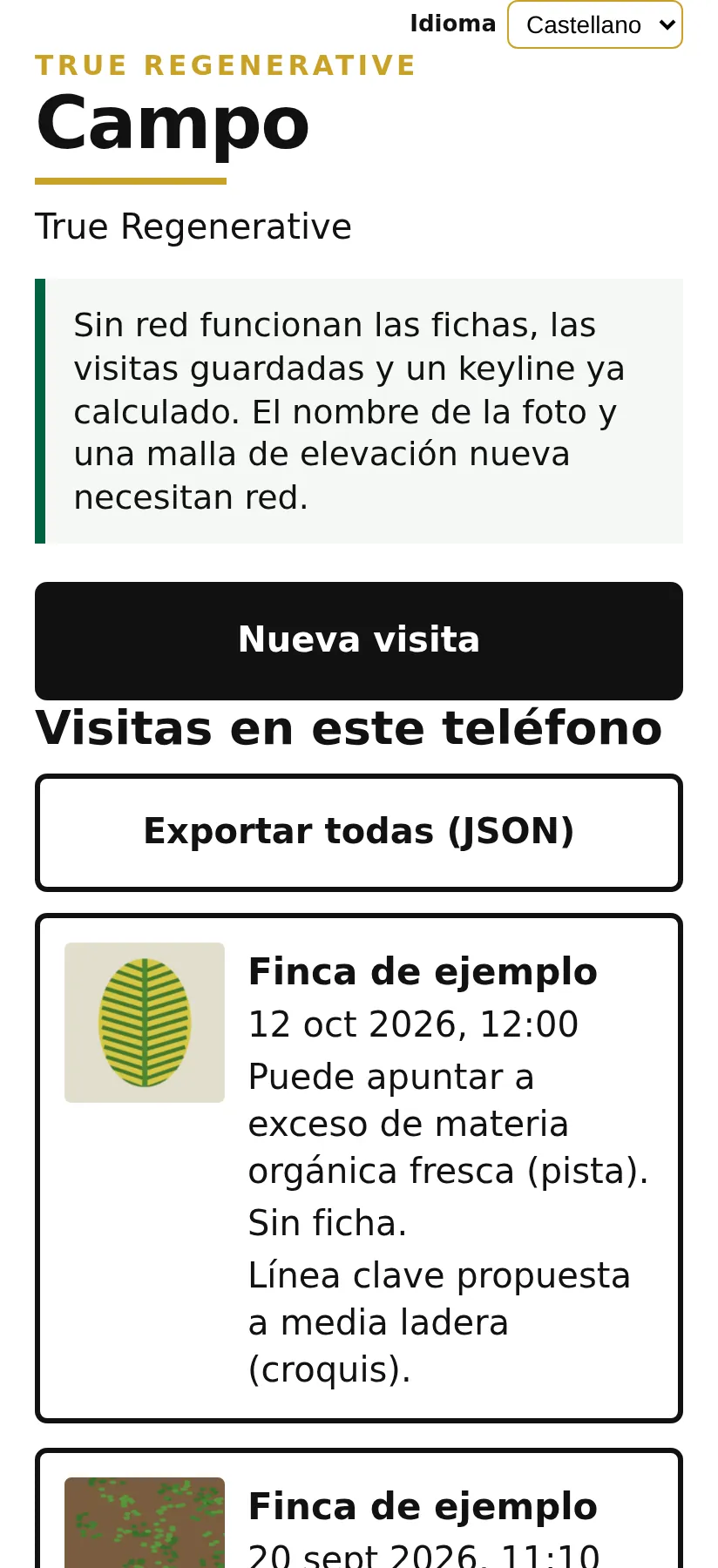 Captura de la app Campo: Inicio (datos de ejemplo)