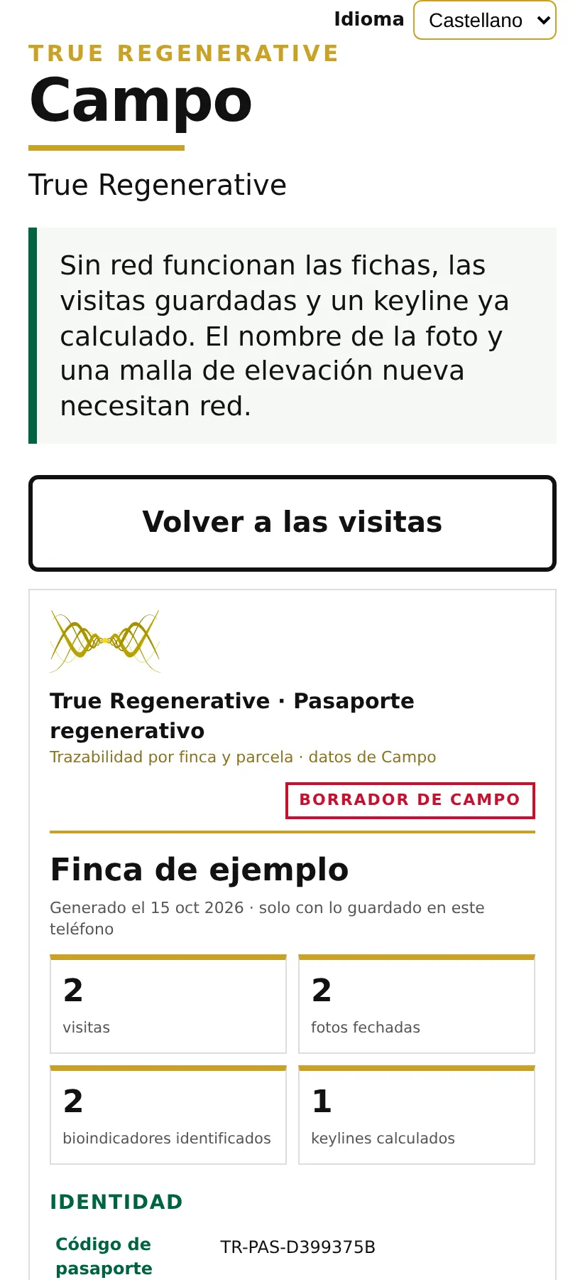 Captura de la app Campo: Pasaporte (datos de ejemplo)