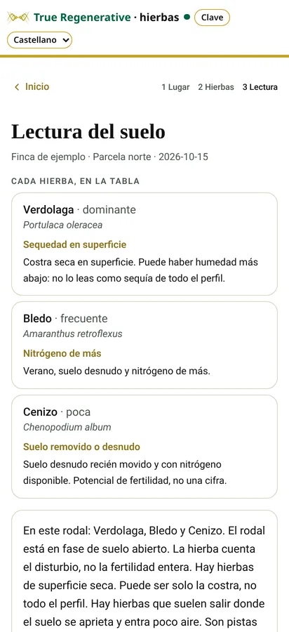 Captura de la app Hierbas: Resultado (datos de ejemplo)