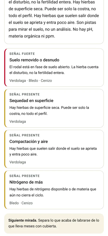 Captura de la app Hierbas: Lectura (datos de ejemplo)